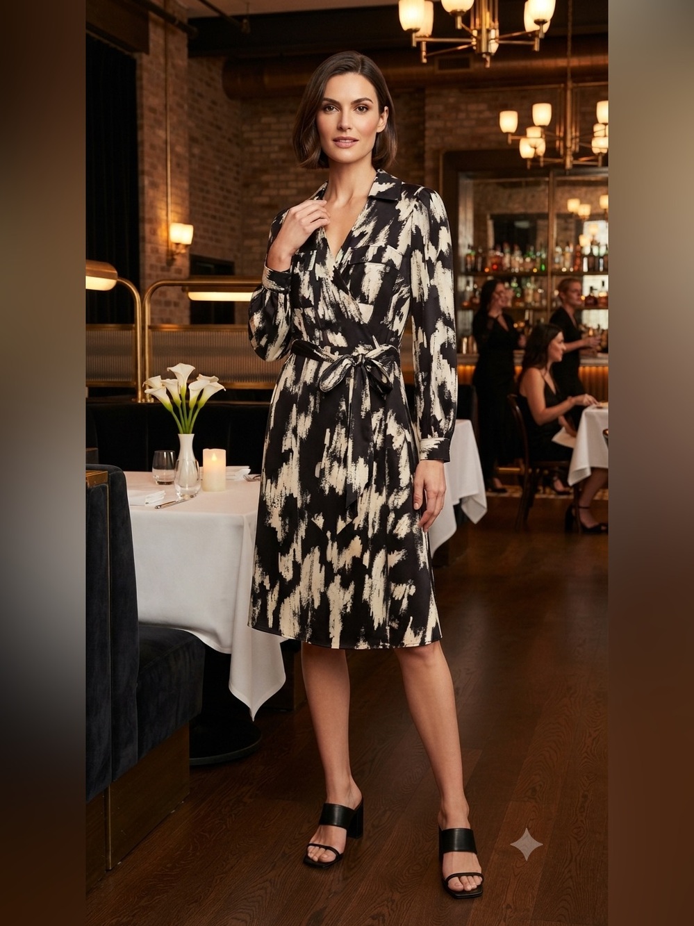 DKNY Black and Cream Printed Wrap Dress - Long Sleeve Shirt Style